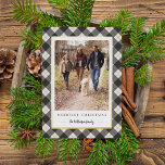 Rustic Winter Plaid Christmas Photo Foil Holiday Card<br><div class="desc">Send holiday greetings to friends and family with our rustic elegant photo cards featuring a wintry navy blue and black buffalo plaid pattern framing your vertical favourite photo. Personalize with two lines of custom text; shown with "Merriest Christmas" and your family name. Gold foil trim adds a luxe touch to...</div>