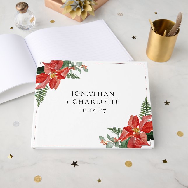Rustic Winter Poinsettia Red Christmas Wedding Guest Book (Front Open)