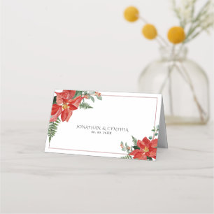 Rustic Winter Poinsettia Red Christmas Wedding Place Card