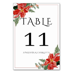 Rustic Winter Poinsettia Red Christmas Wedding Table Number