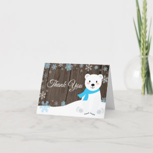 Rustic Winter Polar Bear Snowflake Blue Thank You Card