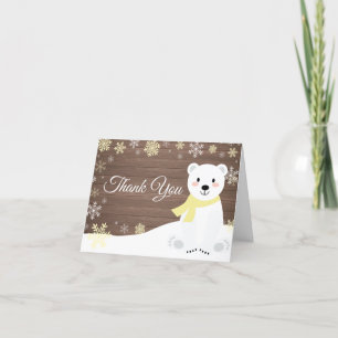 Rustic Winter Polar Bear Snowflake Yellow Thank You Card