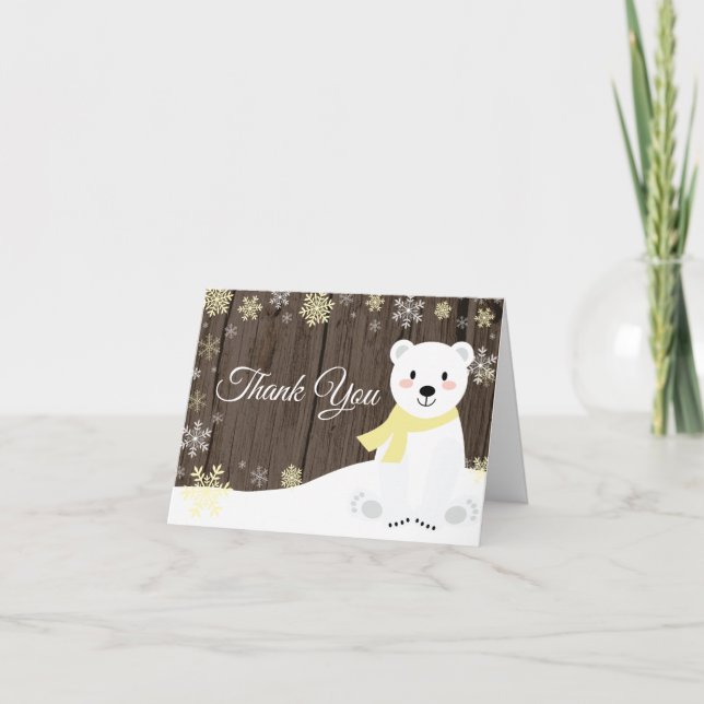 Rustic Winter Polar Bear Snowflake Yellow Thank You Card (Front)