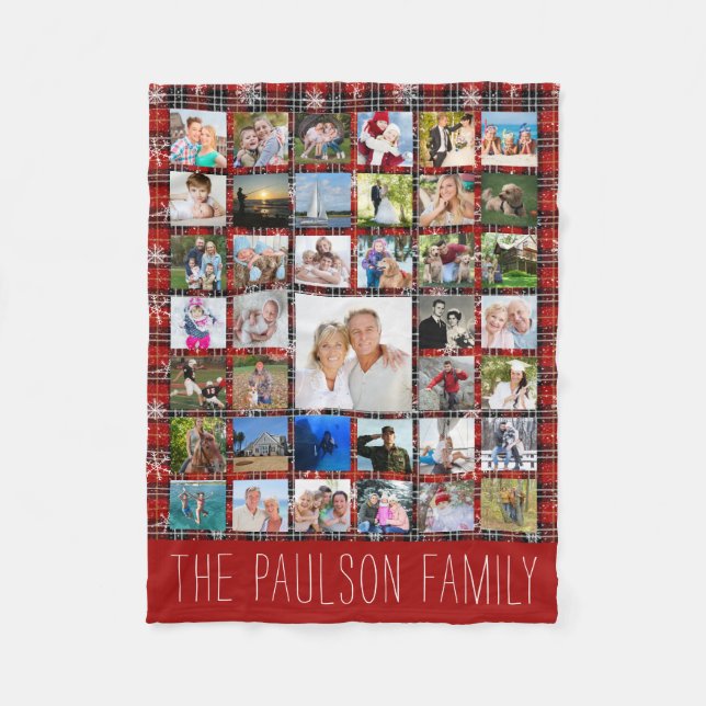 Rustic Winter Red Black Plaid Snowflake Name Fleece Blanket (Front)