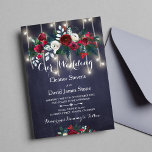 Rustic Winter Red Burgundy Navy Floral Wedding Invitation<br><div class="desc">Floral bouquet of red burgundy and white peony roses with pine green fir branches and foliage and strings of white twinkle lights wedding invitation template with a fancy modern contemporary changeable script text over a dark midnight navy blue chalkboard background. The invitation is ideal for winter floral rustic Christmas /...</div>