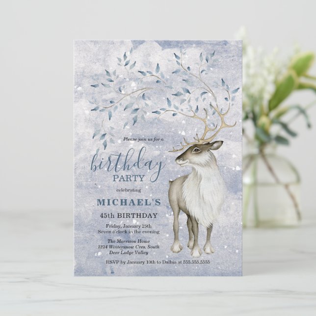 Rustic Winter Reindeer Birthday Party Invitation (Standing Front)