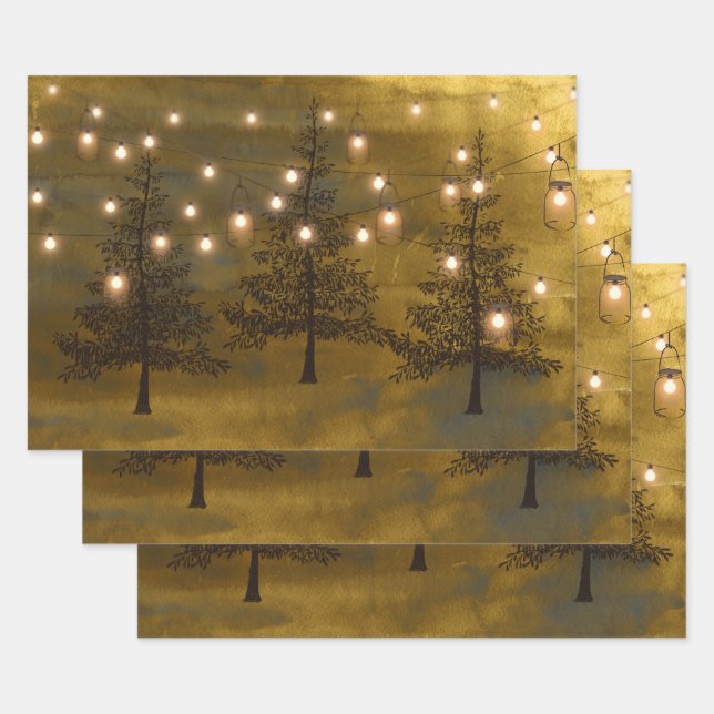 Rustic Winter Scene Golden Lights Wrapping Paper Sheet (Set)