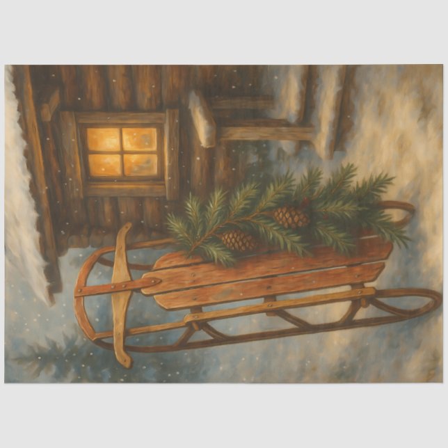 Rustic Winter Sleigh Cabin Decoupage Tissue Paper (Front)