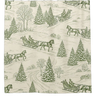 Rustic Winter Sleigh Green Cream Snowy Landscape