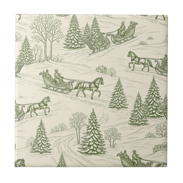 Rustic Winter Sleigh Green Cream Snowy Landscape Tile (Front)