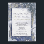 Rustic Winter Snow Barnwood Wedding Invitation<br><div class="desc">Elegant snowy winter wedding announcement with rustic country barnwood design decorated by pine branches in snow, beautiful colours of pale navy, mustard yellow and white, rsvp details included. Christmas Holiday Winter Wedding Rehearsal Dinner Couple's Shower Chistmas Holiday Party Customized Invitations. All the default text can be fully customized with your...</div>