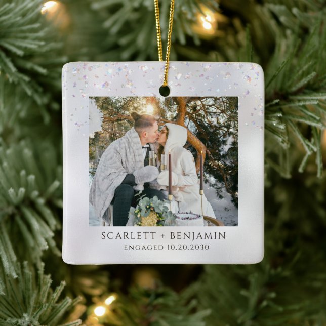 Rustic Winter Snow Engagement Photo Ceramic Ornament (Tree)