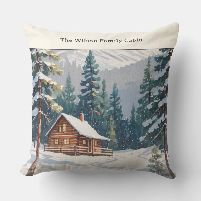 Rustic Winter Snow Family Country Cabin Christmas Throw Pillow (Front)
