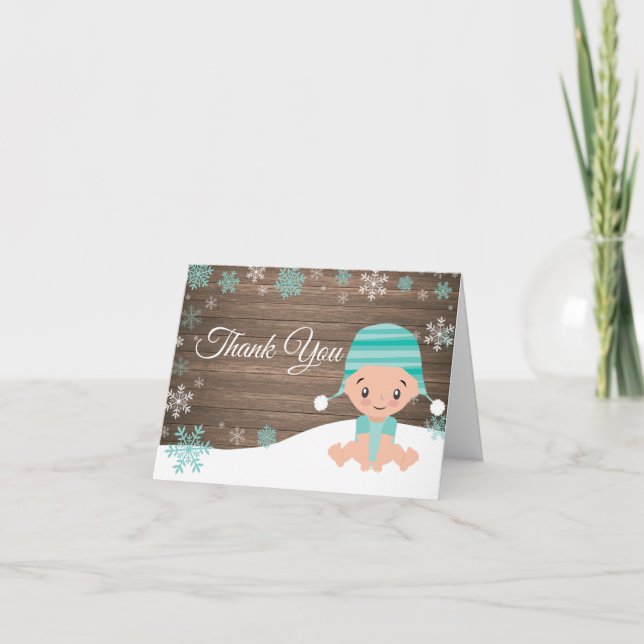 Rustic Winter Snowflake Baby Teal Thank You Card (Front)
