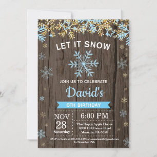 Rustic Winter Snowflake Blue and Gold Boy Birthday Invitation
