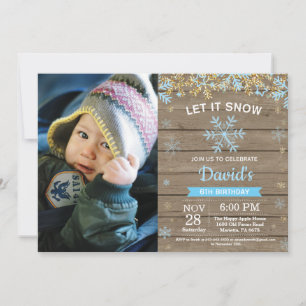Rustic Winter Snowflake Blue Gold Boy Birthday Invitation