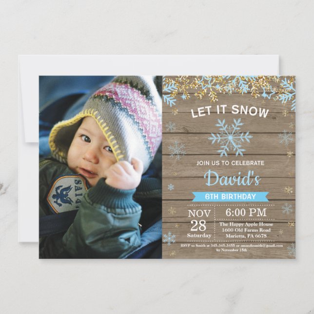 Rustic Winter Snowflake Blue Gold Boy Birthday Invitation (Front)