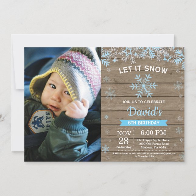 Rustic Winter Snowflake Blue Silver Boy Birthday Invitation (Front)