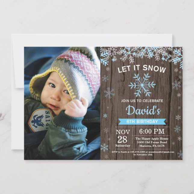 Rustic Winter Snowflake Blue Silver Boy Birthday Invitation (Front)