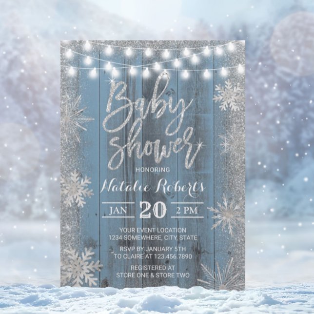 Rustic Winter Snowflake Dusty Blue Baby Shower Invitation (Creator Uploaded)