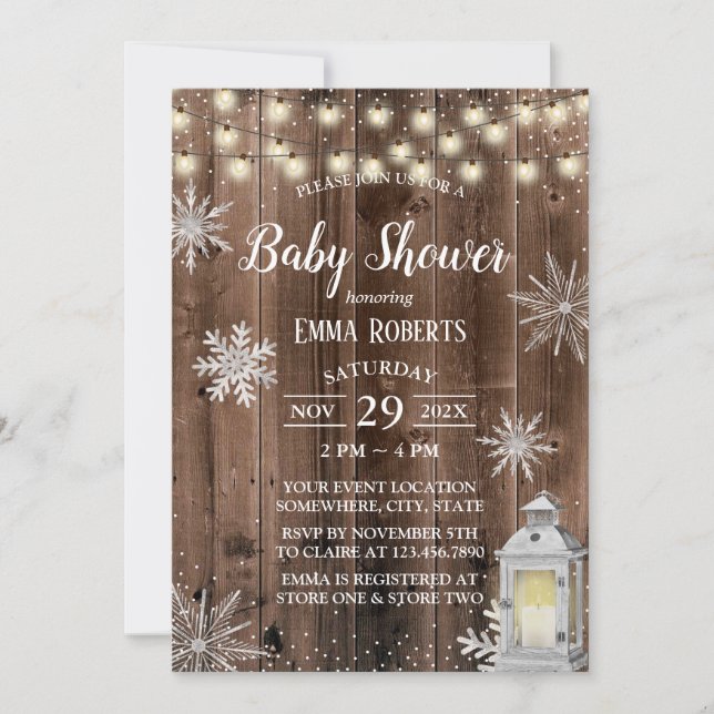 Rustic Winter Snowflake Lantern Baby Shower Invitation (Front)