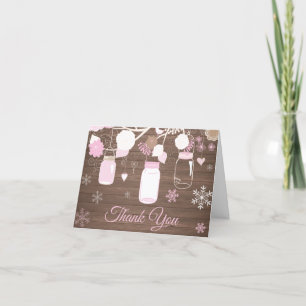 Rustic Winter Snowflake Mason Jar Pink Thank You Card