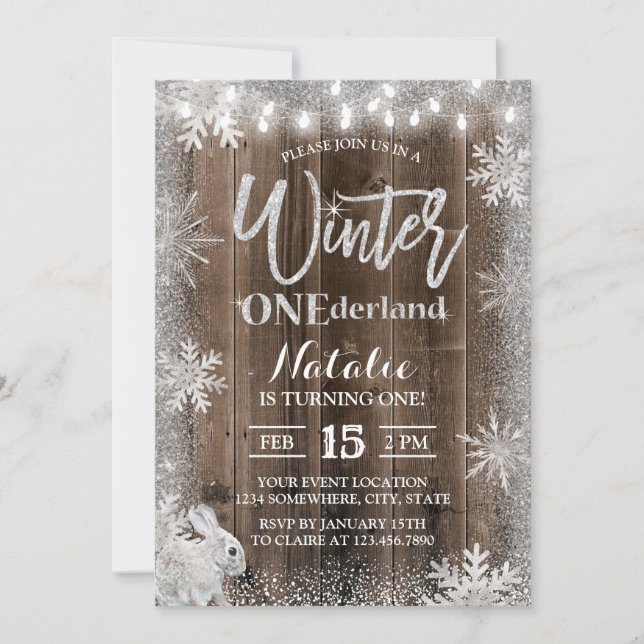 Rustic Winter Snowflake ONEderland Rabbit Birthday Invitation (Front)
