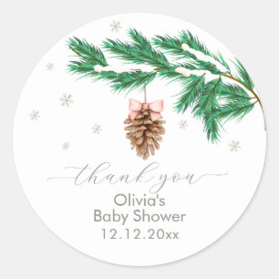Rustic Winter Snowflake Pine cone Baby Shower Classic Round Sticker
