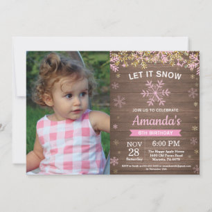 Rustic Winter Snowflake Pink Gold Girl Birthday Invitation
