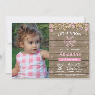 Rustic Winter Snowflake Pink Gold Girl Birthday Invitation