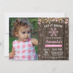 Rustic Winter Snowflake Pink Gold Girl Birthday Invitation