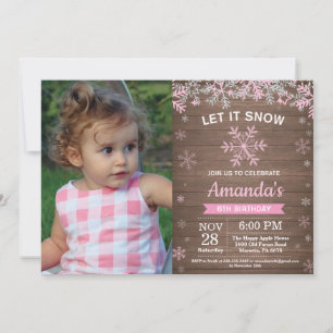 Rustic Winter Snowflake Pink Silver Girl Birthday Invitation