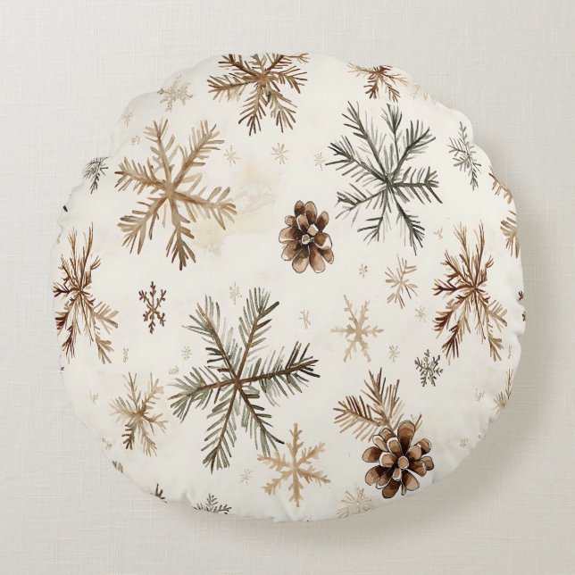Rustic winter snowflakes and pinecones round pillow (Front)