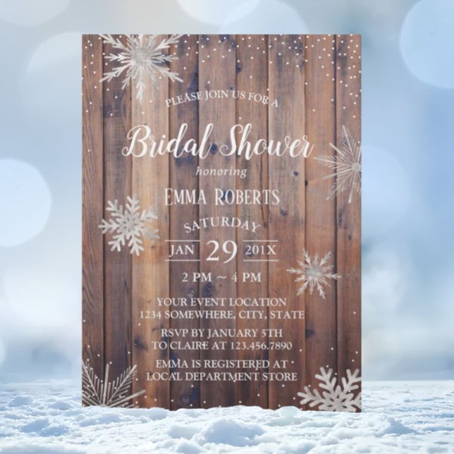 Rustic Winter Snowflakes Barn Wood Bridal Shower Invitation (Creator Uploaded)
