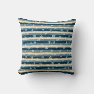 Rustic Winter Snowflakes Blue Gold Painted Stripes Throw Pillow