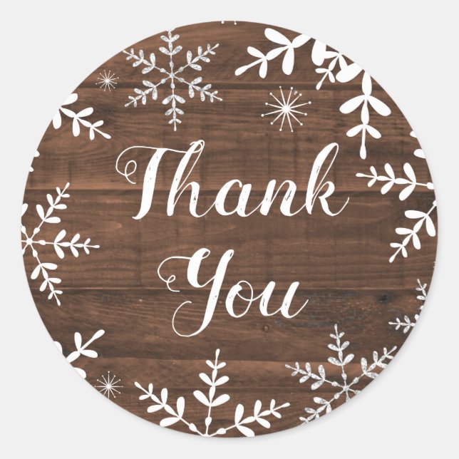 Rustic Winter Snowflakes Christmas Thank You Classic Round Sticker (Front)