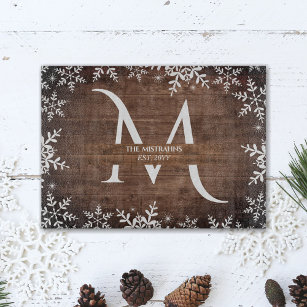 Rustic Winter Snowflakes Monogram Faux Wood Cutting Board