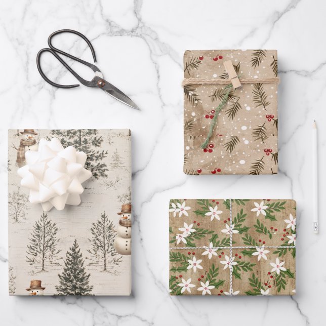 Rustic Winter Trees, Botanicals, Flowers, Snowmen Wrapping Paper Sheet (Front)