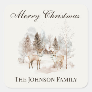 Rustic Winter Watercolor Deer Merry Christmas Square Sticker