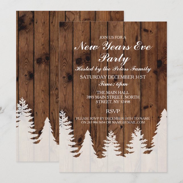 Rustic Winter Wood Trees New Years Day Eve Invite (Front/Back)