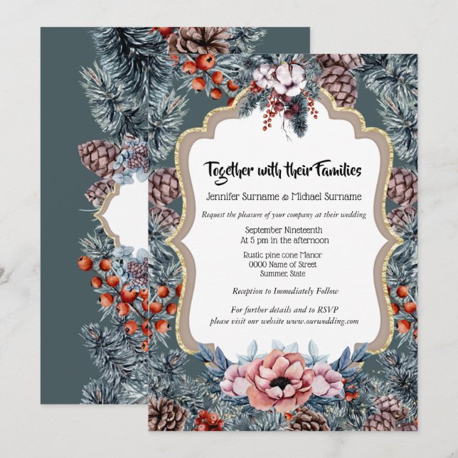Rustic winter woodgrain pine cone berry holiday invitation (Front/Back)