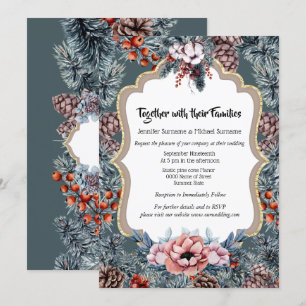 Rustic winter woodgrain pine cone berry holiday invitation