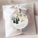 Rustic Winter Woodland Baby Shower Classic Round Sticker<br><div class="desc">These favour stickers were designed with a cozy woodland scene a delightful addition to your envelopes or party favour bags. Click Personalize to edit all text. Matching items in our Elegant Winter Forest Baby Shower Collection - Designed by Cava Party Design.</div>
