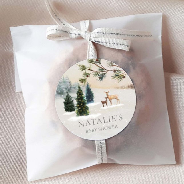 Rustic Winter Woodland Baby Shower Classic Round Sticker (Rustic Winter Woodland Baby Shower Favor Sticker)