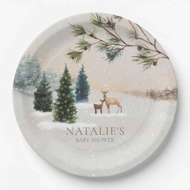 Rustic Winter Woodland Baby Shower Personalized Paper Plate (Front)
