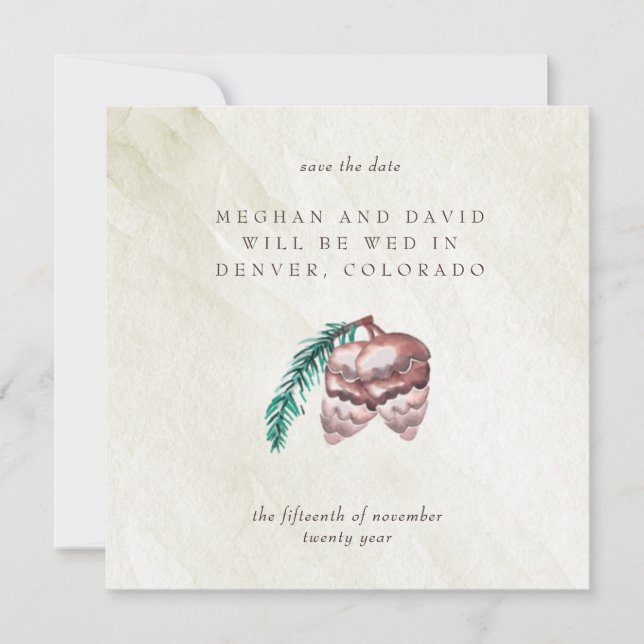 Rustic Winter Woodland Pine Cone Save the Date  Announcement (Front)