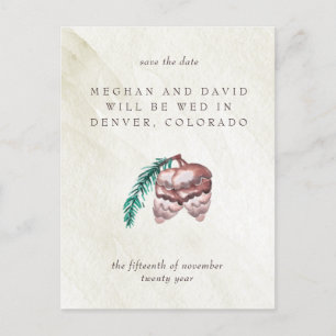 Rustic Winter Woodland Pine Cone Save the Date Announcement Postcard