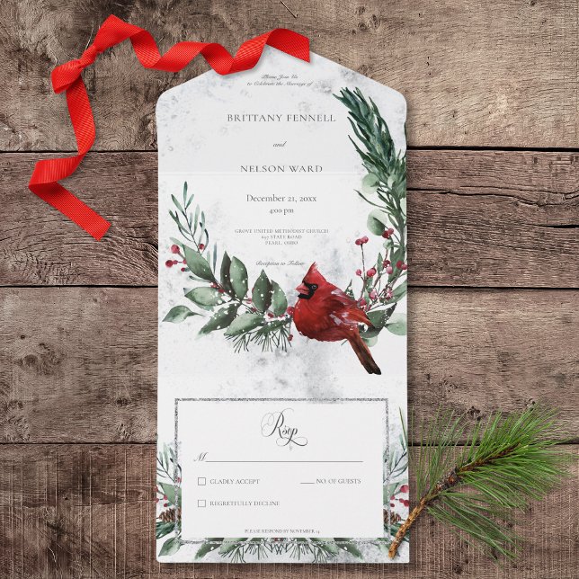 Rustic Winter Wreath & Red Cardinal No Dinner All In One Invitation (Rustic Winter Wreath & Red Cardinal All In One Wedding Invitation without Dinner Options)