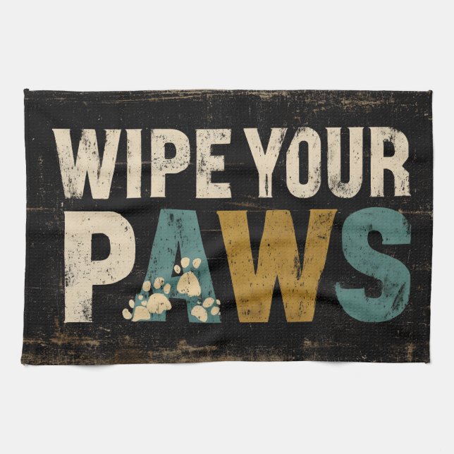 Rustic "Wipe Your Paws" Sign with Paw Prints Kitchen Towel (Horizontal)