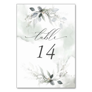 Rustic Wispy Grey Green Watercolor Leaves  Table Number